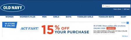 Old Navy 15 Off Your Purchase, In-Store or Online (Apr 24-25)