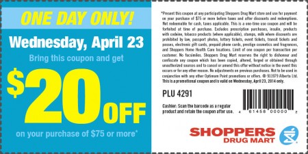 Shoppers Drug Mart $20 Off Coupon on $75 Purchase (Apr 23)