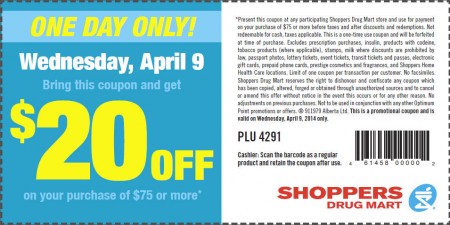 Shoppers Drug Mart $20 Off Coupon on $75 Purchase (Apr 9)