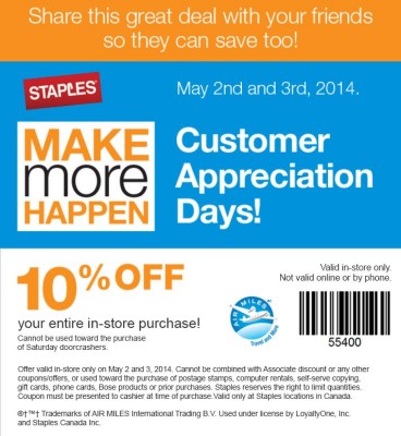 Staples Customer Appreciation Days - 10 Off In-Store Purchase Coupon (May 2-3)