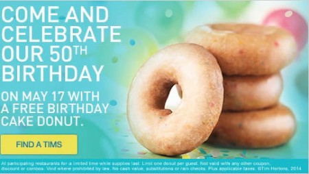 Tim Hortons FREE Birthday Cake Donut (May 17)