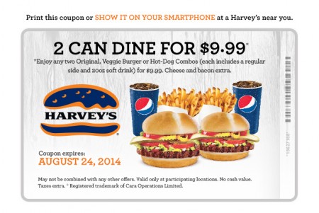 Harvey's Canada Printable Coupons - BOGO, 2 Can Dine, Meal Deal (Until Aug 24)