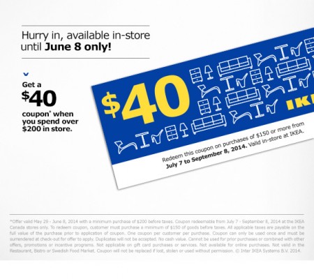 IKEA Get $40 Coupon when you Spend $200 (Until June 8)