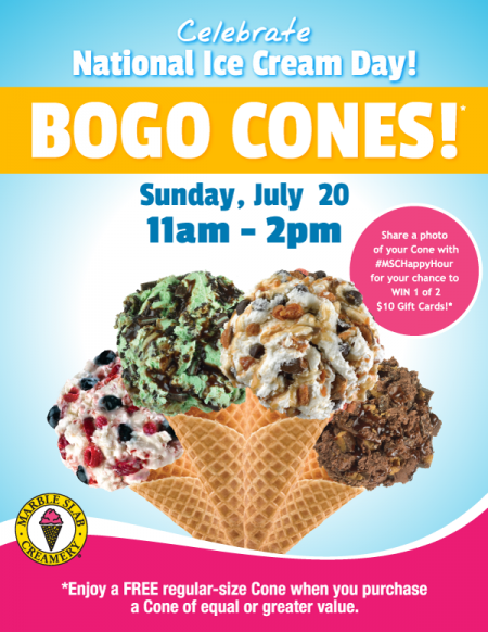 Marble Slab Creamery Buy One, Get One Free Cones (July 20, 11am-2pm)