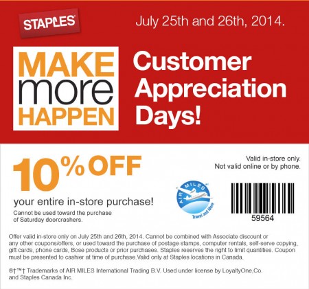 Staples Customer Appreciation Days - 10 Off Entire Purchase Coupon (July 25-26)