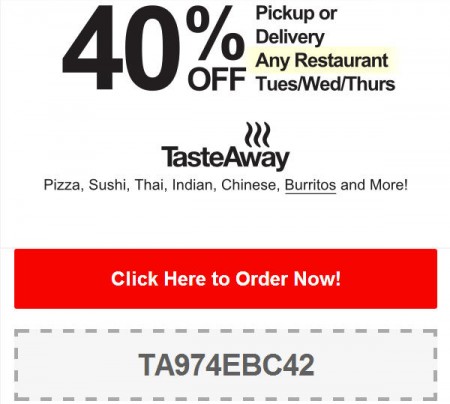 TasteAway 40 Off Pickup or Delivery Promo Code (Until July 10)