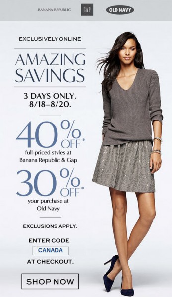 Gap & Banana Republic 40 Off Entire Purchase, or 30 Off at Old Navy (Aug 18-20)