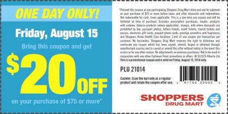 Shoppers Drug Mart $20 Off Coupon on Your Purchase of $75 or More (Aug 15)