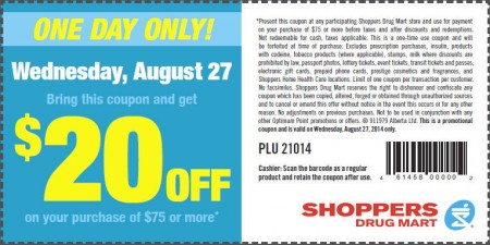 Shoppers Drug Mart $20 Off Coupon on Your Purchase of $75 or More (Aug 27)