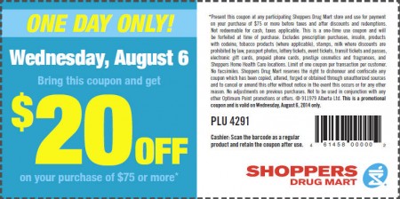 Shoppers Drug Mart $20 Off Coupon on Your Purchase of $75 or More (Aug 6)