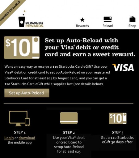 Starbucks Get Free $10 Card eGift when you Setup Visa Auto-Reload (Until Aug 22)