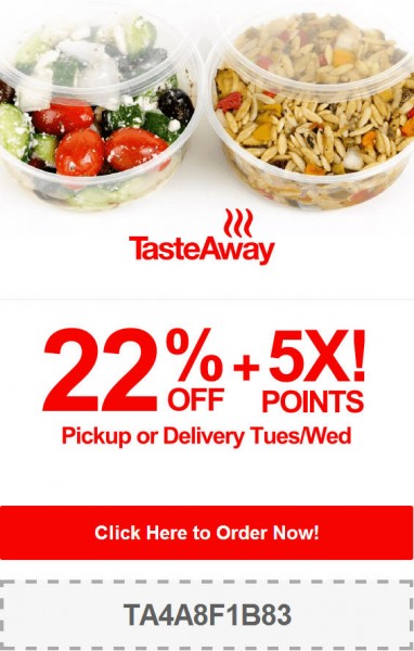 TasteAway 22 Off + 5X Points Pickup or Delivery Promo Code (Aug 19-20)