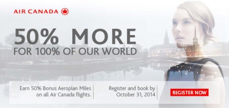 Air Canada Earn 50 more Aeroplan Miles anywhere you travel