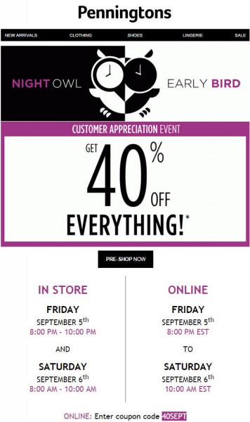 Penningtons Customer Appreciation Event - 40 Off Everything (Sept 5-6)