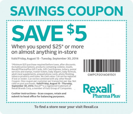 Rexall $5 Off Coupon when you Spend $25 (Until Sept 30)