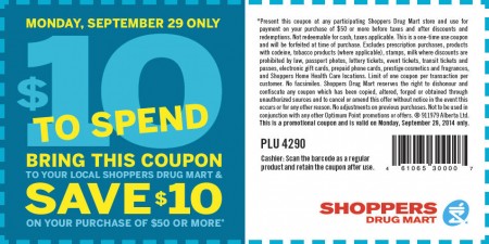 Shoppers Drug Mart $10 Off $50 Purchase Coupon (Aug 27)