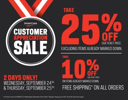 Sport Chek Customer Appreciation Sale - 25 Off Regular Priced Items, 10 Off Sale Items + Free Shipping (Sept 24-25)