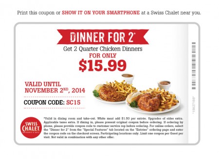 Swiss Chalet 2 Quarter Chicken Dinners for $15.99 Coupon (Until Nov 2)