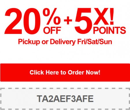 TasteAway Promo Code - 20 Off + 5X Points on Pickup or Delivery Orders (Sept 12-14)