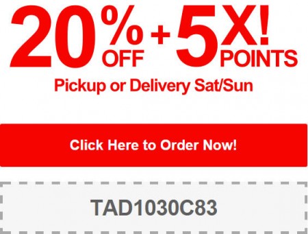 TasteAway Promo Code - 20 Off + 5X Points on Pickup or Delivery Orders (Sept 20-21)