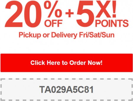 TasteAway Promo Code - 20 Off + 5X Points on Pickup or Delivery Orders (Sept 26-28)