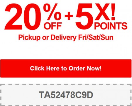 TasteAway Promo Code - 20 Off + 5X Points on Pickup or Delivery Orders (Sept 5-7)