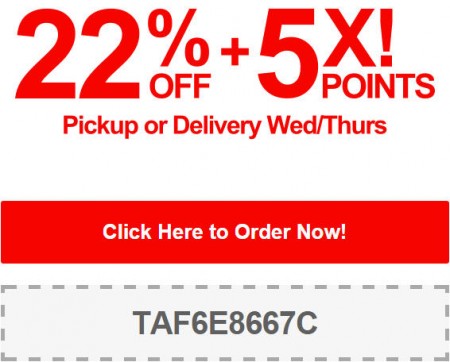 TasteAway Promo Code - 22 Off + 5X Points on Pickup or Delivery Orders (Sept 3-4)