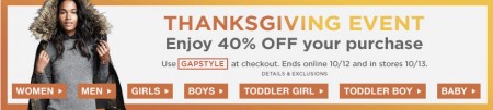 GAP Thanksgiving Sale - 40 Off Your Purchase (Until Oct 13)