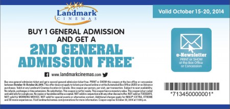 Landmark Cinemas BOGO Coupon - Buy One General Admission Get One FREE (Oct 15-20)