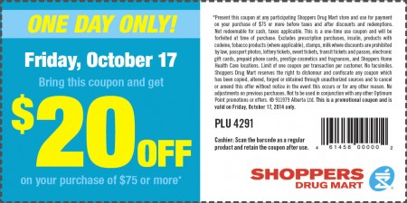 Shoppers Drug Mart $20 Off Coupon on Your Purchase of $75 or More (Oct 17)