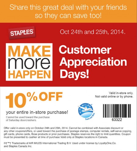 Staples Customer Appreciation Days - 10 Off Entire Purchase Coupon (Oct 24-25)