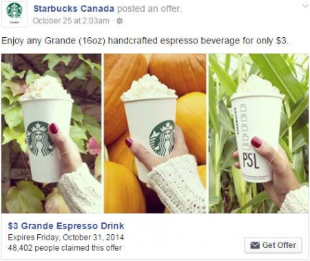 Starbucks Facebook Offer - $3 Grande Espresso Drink Coupon (Until Oct 31)