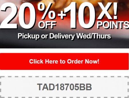 TasteAway Promo Code - 20 Off + 10X Points on Pickup or Delivery Orders (Oct 1-2)