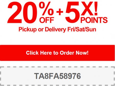 TasteAway Promo Code - 20 Off + 5X Points on Pickup or Delivery Orders (Oct 3-5)