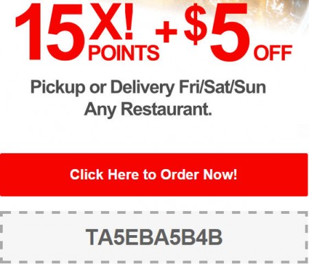 TasteAway Promo Code - $5 Off + 15X Points on Pickup or Delivery Orders at any Restaurant (Oct 24-26)