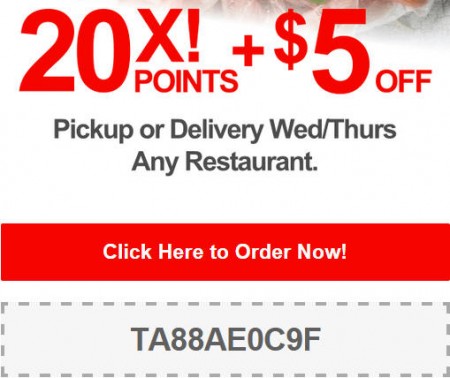 TasteAway Promo Code - $5 Off + 20X Points on Pickup or Delivery Orders at any Restaurant (Oct 29-30)