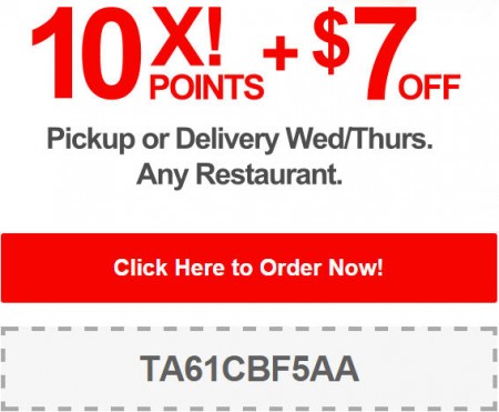 TasteAway Promo Code - $7 Off + 10X Points on Pickup or Delivery Orders at any Restaurant (Oct 22-23)