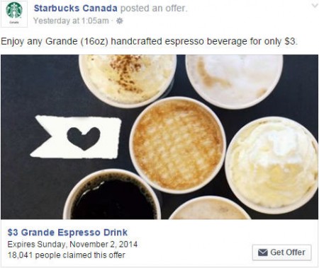 Starbucks Facebook Offer - $3 Grande Espresso Drink Coupon (Until Nov 2)