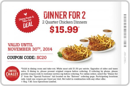 Swiss Chalet 2 Can Dine for $15.99 Coupon (Until Nov 30)