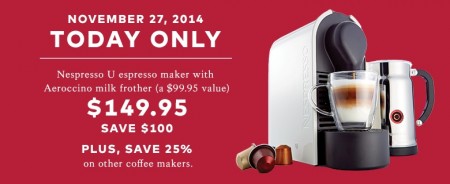 TheBay.com One Day Sale - $149.95 for Nespresso U Espresso Maker - Save $100 Off (Nov 27)