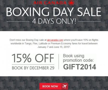 Air Canada Boxing Day Sale - 15 Off Flights Worldwide (Dec 26-29)