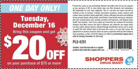 Shoppers Drug Mart $20 Off Coupon on Your Purchase of $75 or More (Dec 16)