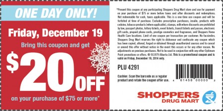 Shoppers Drug Mart $20 Off Coupon on Your Purchase of $75 or More (Dec 19)