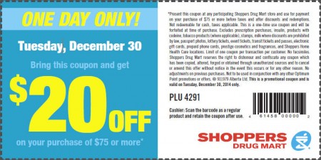 Shoppers Drug Mart $20 Off Coupon on Your Purchase of $75 or More (Dec 30)