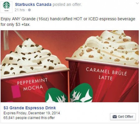 Starbucks Facebook Offer - $3 for any Grande Espresso Drink Coupon (Until Dec 19)