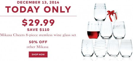 TheBay Today Only - $29.99 for Mikasa Cheers 8-Piece Stemless Wine Glass Set - Save $110 (Dec 13)