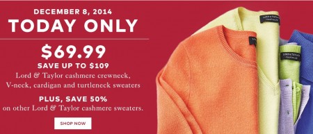 TheBay Today Only - $69.99 for Lord & Taylor Cashmere Sweaters - Save up to $109 (Dec 8)