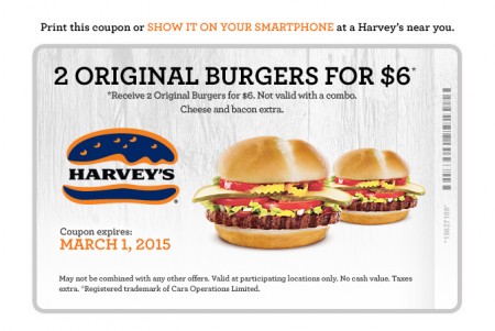 Harvey's 2 Original Burgers for $6 Coupon (Until Mar 1)