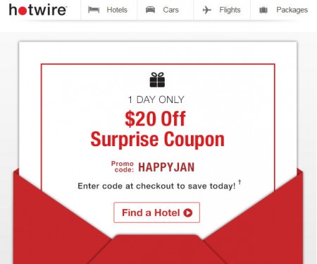 Hotwire 1-Day Only - $20 Off Surprise Promo Code (Jan 30)