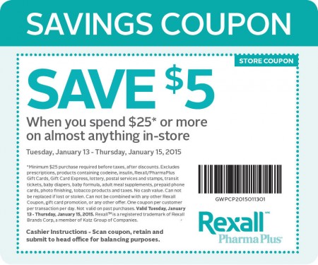 Rexall $5 Off Coupon when you Spend $25 (Jan 13-15)